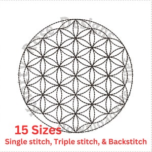 May include: A black and white geometric design of a flower of life pattern. The design is circular and has a repeating pattern of overlapping circles. The image includes the text "15 Sizes" and "Single stitch, Triple stitch, & Backstitch".