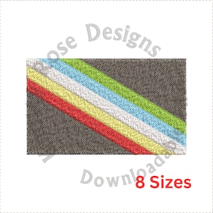 May include: A digital embroidery design featuring a diagonal stripe pattern with five stripes in red, yellow, white, light blue, and green on a gray background. The design is available in eight sizes.