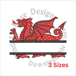 Könnte beinhalten: Rote walisische Drachen-Stickerei-Design mit einem leeren Platz für einen Namen. Das Design ist in drei Größen erhältlich. Herunterladbare Stickdateien.
