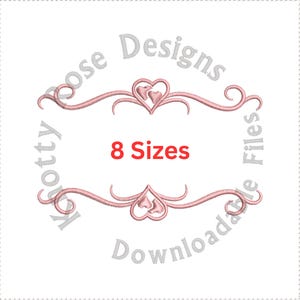May include: A pink embroidered design with hearts and swirls, featuring the text "8 Sizes" in red. The design is framed by the words "Knotty Designs Downloadable Files" in a circular pattern.