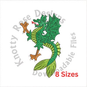 May include: Embroidered green dragon design with orange claws and red mouth. The dragon has a long tail and wings. Text includes "Knotty Rose Designs" and "Downloadable Files". The text "8 Sizes" is in red.