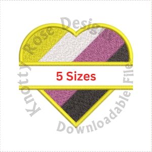 Könnte beinhalten: Ein herzförmiges Design mit gelbem Rand, das ein Farbschema aus Gelb, Weiß, Rosa und Schwarz aufweist. Der Text "5 Sizes" wird in Rot angezeigt. Das Design ist wahrscheinlich für Stickereien oder zum digitalen Download gedacht.