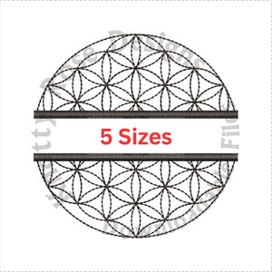 May include: A black and white geometric design with a circle in the center. The design is called a "Flower of Life". The text "5 Sizes" is written in red on a white background.