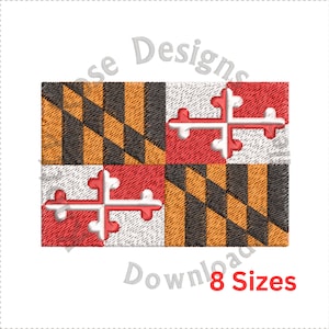 Może przedstawiać: Haftowany wzór flagi stanu Maryland. Flaga przedstawia wzór w czarno-złote kraty z czerwonym i białym krzyżem w prawym górnym i lewym dolnym rogu. Tekst "Download 8 Sizes" znajduje się pod flagą.