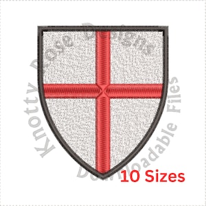May include: A white shield with a red cross, a traditional symbol of England.