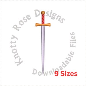 May include: A silver sword with a red and gold handle. The sword is surrounded by the text "Knotty Rose Designs" and "Downloadable Files 9 Sizes".
