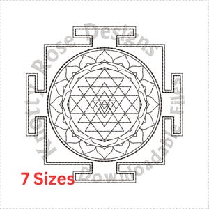 May include: A black and white line drawing of a Sri Yantra, a sacred geometric symbol in Hinduism. The symbol is surrounded by a square and a circle with a lotus flower design.