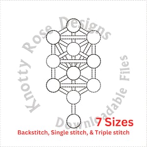 May include: Black and white line art embroidery design of a Tree of Life with 10 circles. The design is labelled "7 Sizes" and "Backstitch, Single stitch, & Triple stitch".