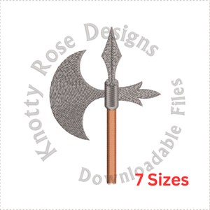 May include: A silver axe with a wooden handle and a pointed tip. The axe is surrounded by a circle with the text "Knotty Rose Designs Downloadable Files 7 Sizes".