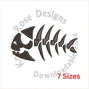 May include: Black and white embroidery design of a fish skeleton. The design is available in 7 sizes. The design is from Rose Designs.