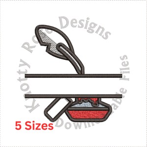 May include: A black and white embroidery design of a quill pen and inkwell with a blank space for a name. The design is in a circle with the text "Knotty Rose Designs Downloadable Files" around the outside. The text "5 Sizes" is below the design.