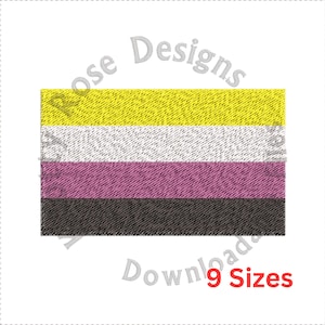 May include: Embroidered non-binary pride flag design with yellow, white, pink, and black horizontal stripes. The image includes the text "Rose Designs" and "Download 9 Sizes".