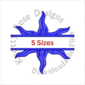 Può includere: Design a forma di stella blu con uno striscione bianco che dice "5 misure" in testo rosso. Questo è un design di ricamo di monogramma diviso.