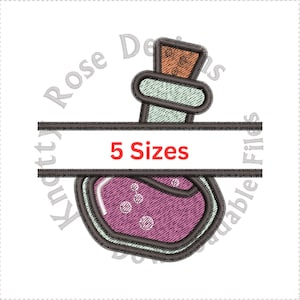May include: A split monogram design featuring a purple potion bottle with a cork stopper. The text "5 Sizes" is displayed in red.