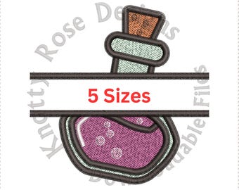 May include: A split monogram design featuring a purple potion bottle with a cork stopper. The text "5 Sizes" is displayed in red.