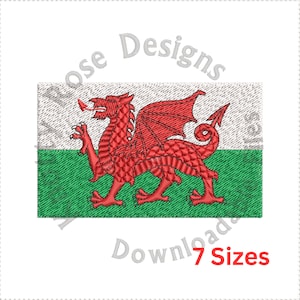 Può includere: Un drago rosso su una bandiera bianca e verde. La bandiera è la bandiera nazionale del Galles. Il testo "Download 7 Sizes" è sotto la bandiera.