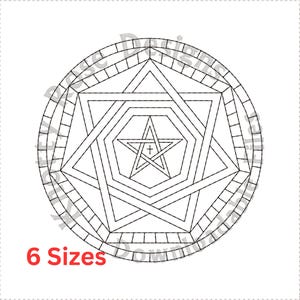 Könnte beinhalten: Schwarz-weißes Linienkunst-Mandala mit einem fünfzackigen Stern in der Mitte. Der Stern hat ein Kreuz in der Mitte. Das Mandala ist von einem Kreis aus kleineren Quadraten umgeben.