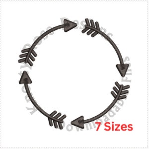May include: A black embroidery design of four arrows forming a circle. The arrows point in different directions. The design is available in seven sizes.