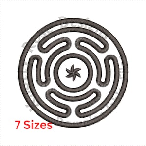 May include: Circular, dark gray embroidery design featuring a labyrinth pattern with a central starburst. The design is surrounded by a circular border. The text "7 Sizes" is displayed at the bottom of the image.