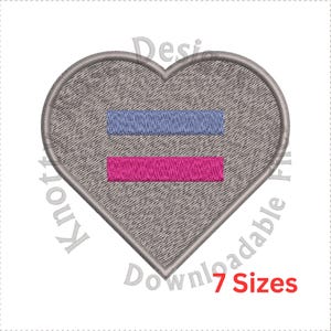 May include: A gray heart-shaped embroidery design with a blue and pink equal sign inside. The design is available in 7 sizes.