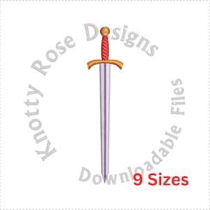 May include: A silver sword with a red and gold handle. The text "Knotty Rose Designs" and "Downloadable Files 9 Sizes" surrounds the sword.