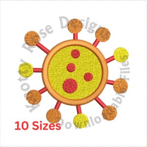 Puede incluir: Un diseño bordado de un virus en amarillo y naranja con círculos rojos en el interior. El diseño está disponible en 10 tamaños.
