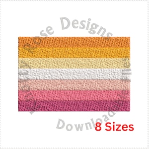 Puede incluir: Una bandera del orgullo multicolor con rayas naranja, amarilla, blanca, rosa y roja. La bandera está bordada con un diseño texturizado. El texto "Download 8 Sizes" está debajo de la bandera.