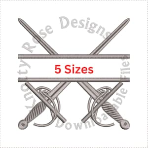 May include: A gray embroidery design of two crossed swords with a banner that reads "5 Sizes". The design is surrounded by the text "Knotty Rose Designs" and "Downloadable Files".