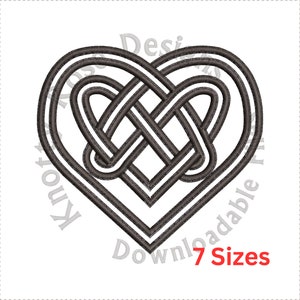 May include: A black and white Celtic knot heart design. The design features a heart shape with interwoven lines, and the text "7 Sizes" in red. The design is suitable for embroidery or digital crafts.