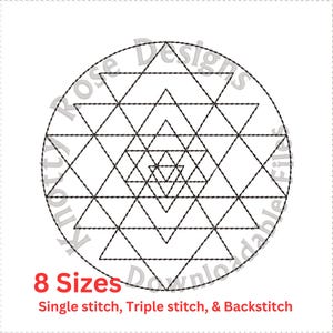 May include: Black and white line art design of a geometric pattern with a circular border. The design is labeled "8 Sizes" and "Single stitch, Triple stitch, & Backstitch".