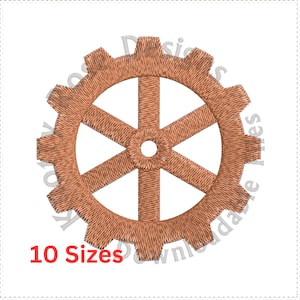 May include: A brown gear with six spokes and a hole in the center. The gear is a digital embroidery design available in 10 sizes.