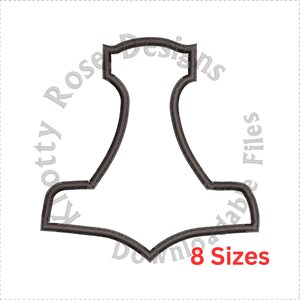 May include: Black and white outline of a hammer, a symbol of Thor, the Norse god of thunder. The image is a digital embroidery design available in 8 sizes.