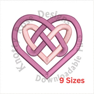 May include: A pink and light pink Celtic knot heart design. The design is in the shape of a heart with a knot in the center. The design is perfect for embroidery projects.