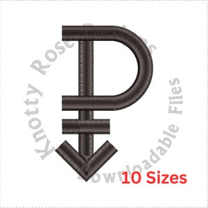 May include: A dark gray embroidered symbol with a curved top, horizontal lines, and a downward-pointing arrow. The text "10 Sizes" is in red. The image also includes the text "Knotty Rose Downloadable Files" in a circular pattern.
