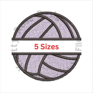 Pode incluir: Um design digital de uma bola de voleibol com uma faixa branca no centro. O texto "5 Sizes" está em vermelho. A bola de voleibol é delineada em castanho escuro e tem um preenchimento roxo claro.