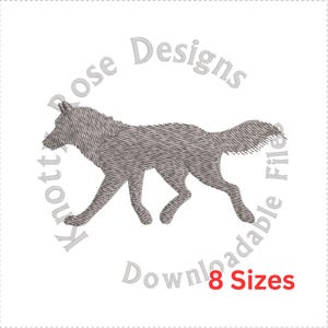 May include: A gray wolf silhouette embroidery design with the text "Knott Rose Designs" and "Downloadable Files 8 Sizes" around the wolf.