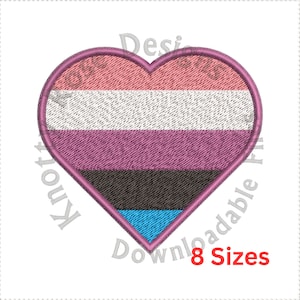 May include: A pink, white, purple, black, and blue heart-shaped design with a pink outline. The design is a representation of the genderqueer pride flag.