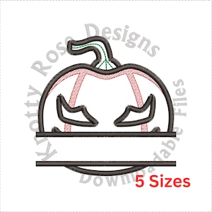 May include: A black and red pumpkin with a green stem and a blank space for a name. The pumpkin has a scary face with two eyes and a mouth. The text "5 Sizes" is below the pumpkin.