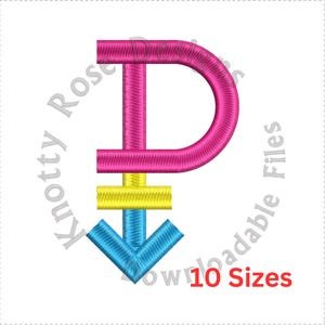 May include: A digitally embroidered pansexual pride symbol in pink, yellow, and blue. The design features a pink "P" shape, a yellow horizontal bar, and a blue downward arrow. Text in red reads "10 Sizes".