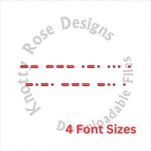 Könnte beinhalten: Rote gestrichelte Linien in einem digitalen Schriftstil mit dem Text "Rose Designs" und "Downloadbare Dateien" in einem grauen Kreis um die Linien. Der Text "4 Schriftgrößen" befindet sich unter den Linien.