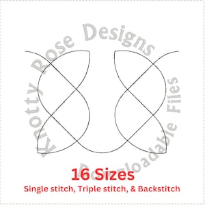 Könnte beinhalten: Eine Schwarzweiß-Zeichnung eines Knotendesigns. Das Design ist mit "Knotty Rose Designs" und "16 Größen herunterladbare Dateien" beschriftet. Der Text "Einzel Stich, Dreifach Stich und Rückstich" ist ebenfalls enthalten.