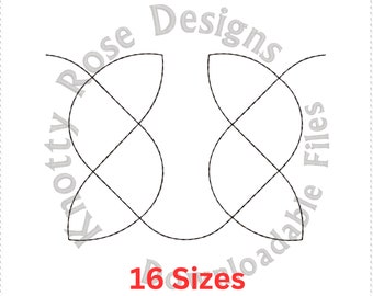 Puede incluir: Un dibujo en blanco y negro de un diseño de nudo. El diseño está etiquetado como "Knotty Rose Designs" y "16 tamaños de archivos descargables". También se incluye el texto "Puntada simple, puntada triple y puntada atrás".