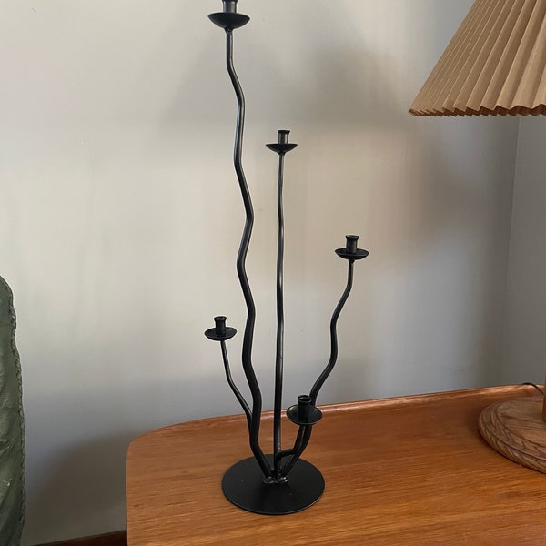 Vintage black wavy taper candle holder | post modern 5 branch candelabra | abstract metal sculpture candlestick