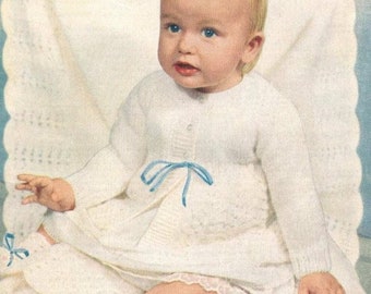 Baby Newborn Layette Knitting Pattern 8 Ply Vintage 1950s Download PDF Shawl Matinee Jacket Bootees