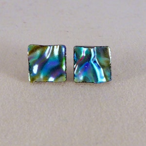 Multi Colored Green, Blue, Purple Dichroic Fused Glass Stud Earrings, Hypoallergenic Posts image 1