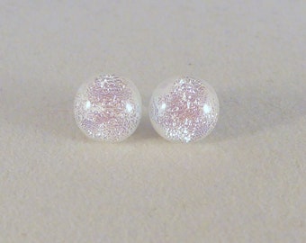 Small White Dichroic Fused Glass Stud Earrings, Hypoallergenic Posts