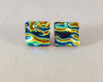 Yellow Gold & Blue Dichroic Fused Glass Stud Earrings, Hypoallergenic Posts