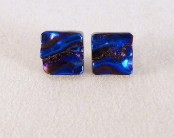 Cobalt Blue Dichroic Fused Glass Stud Earrings