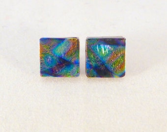 Multi Colored Dichroic Fused Glass Stud Earrings, Hypoallergenic Posts