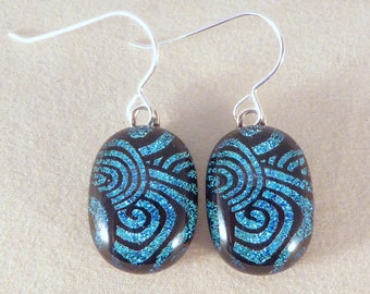 Black & Blue Dichroic Fused Glass Dangle Earrings